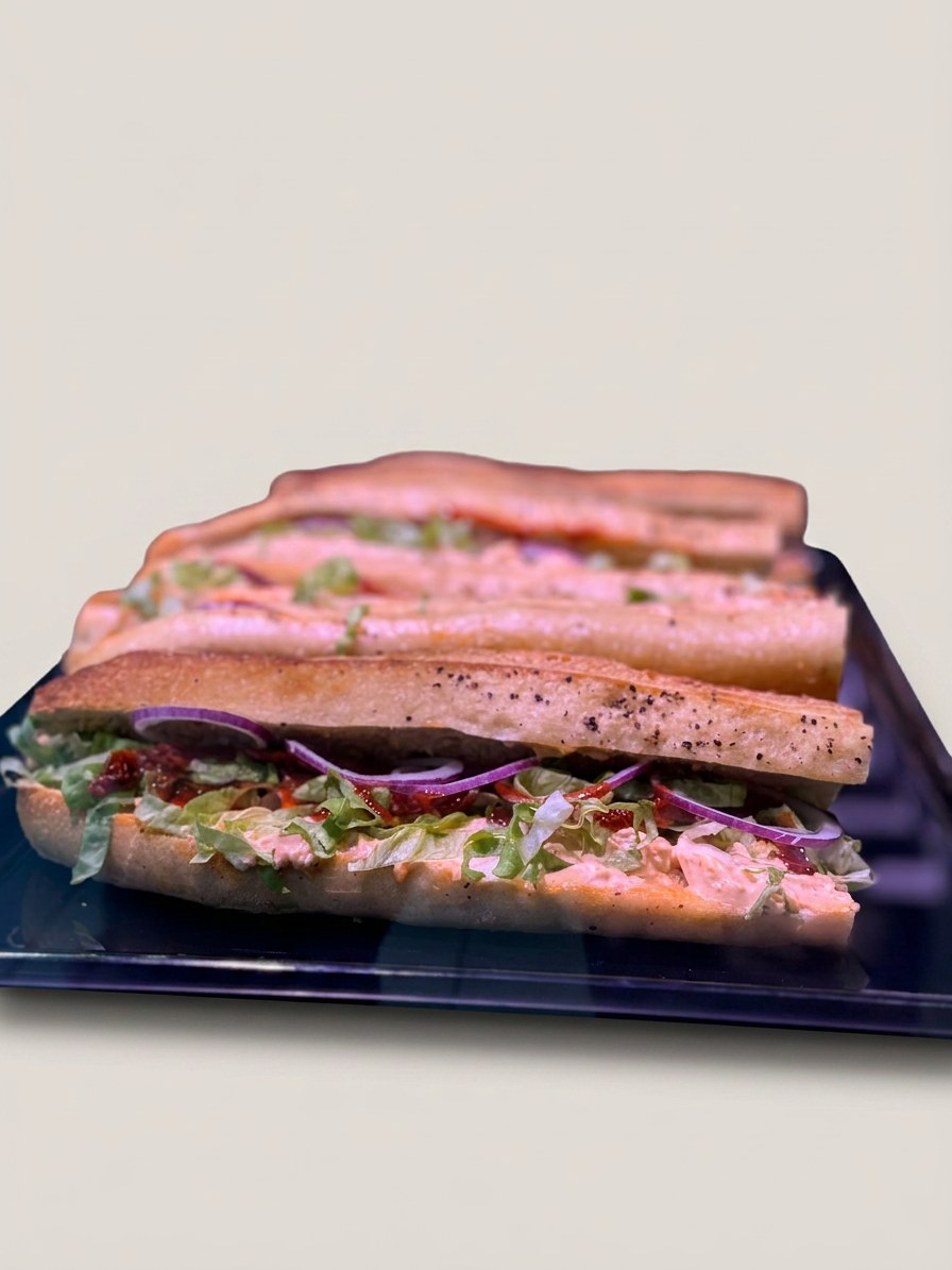 Sandwich garni sauce cocktail, crudités et oignons rouges en vitrine — Meddah Traiteur