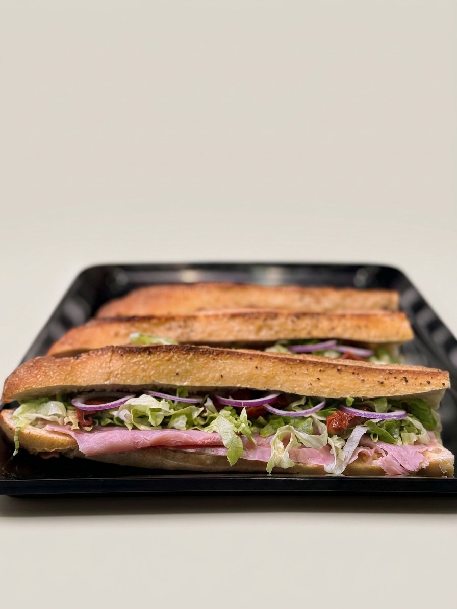 Sandwich baguette jambon, salade, oignons rouges et tomates séchées — Meddah Traiteur