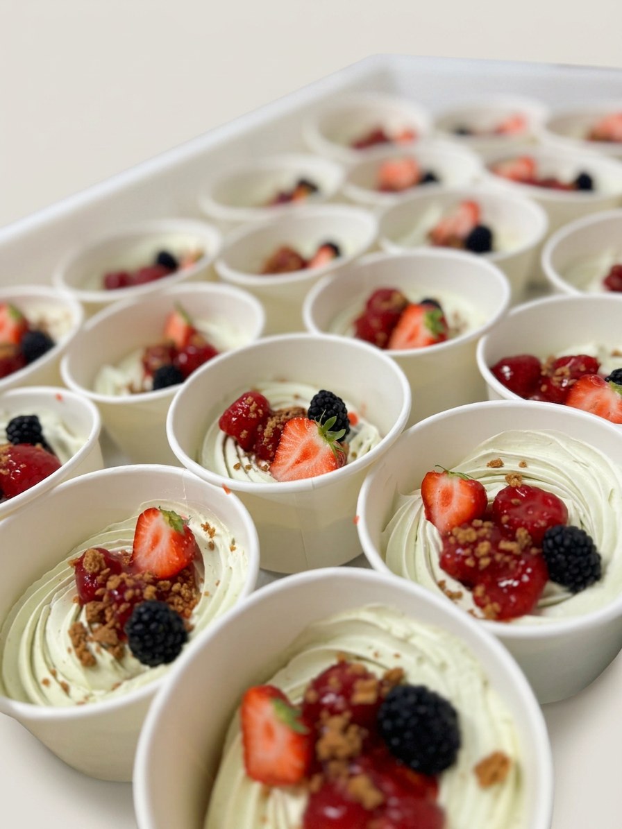 Coupes de crème pistache, fruits rouges et éclats de spéculoos — Meddah Traiteur