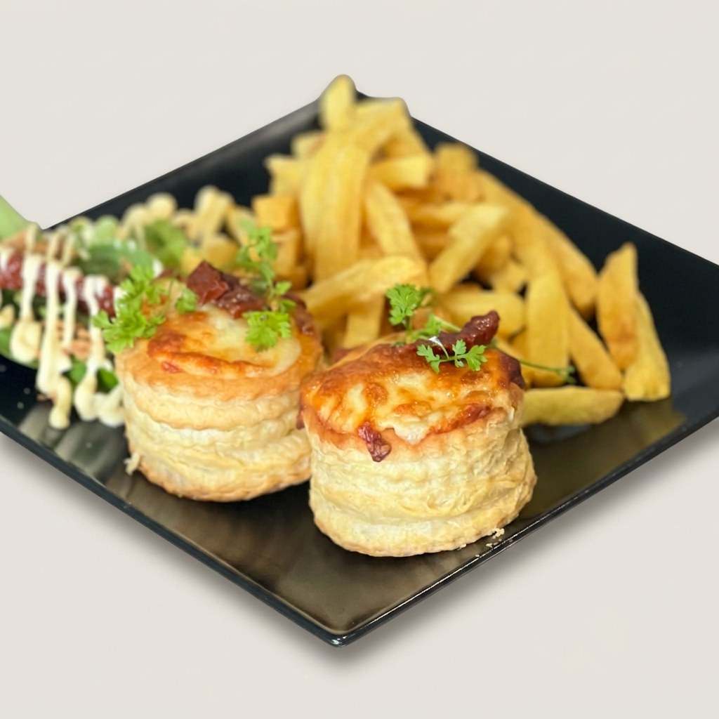 Vol-au-vent gratinés, frites et salade — Meddah Traiteur