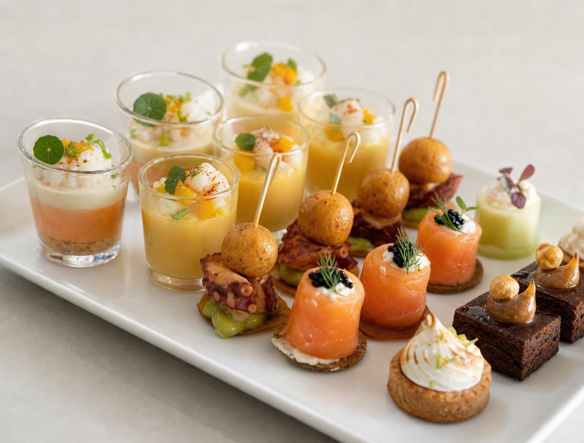 Plateau de pièces cocktail : verrines, brochettes et bouchées sucrées