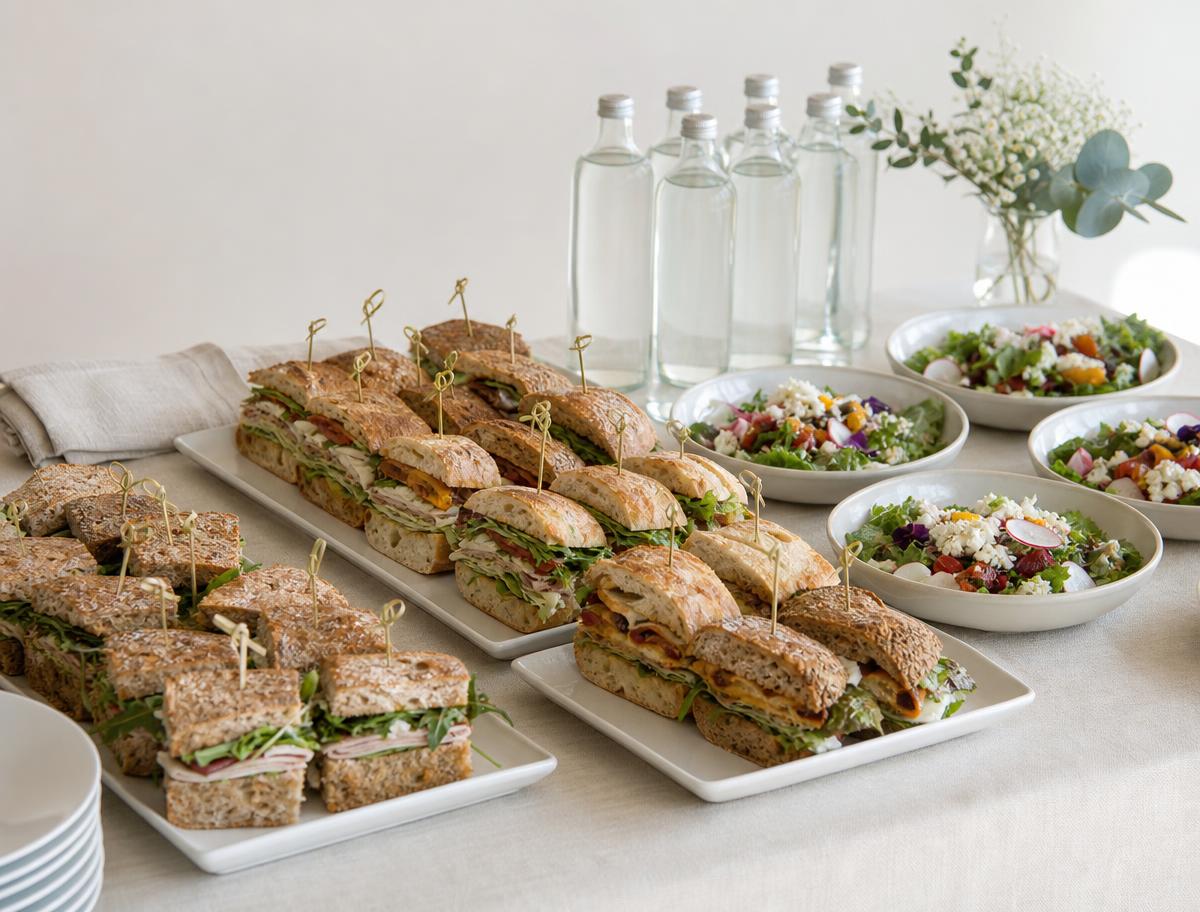 Buffet d'entreprise avec sandwichs gourmets, salades fraîches et boissons