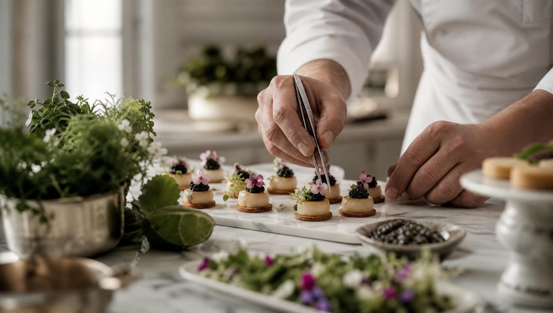 Le chef dresse à la pince des bouchées apéritives sur un plan de travail en marbre